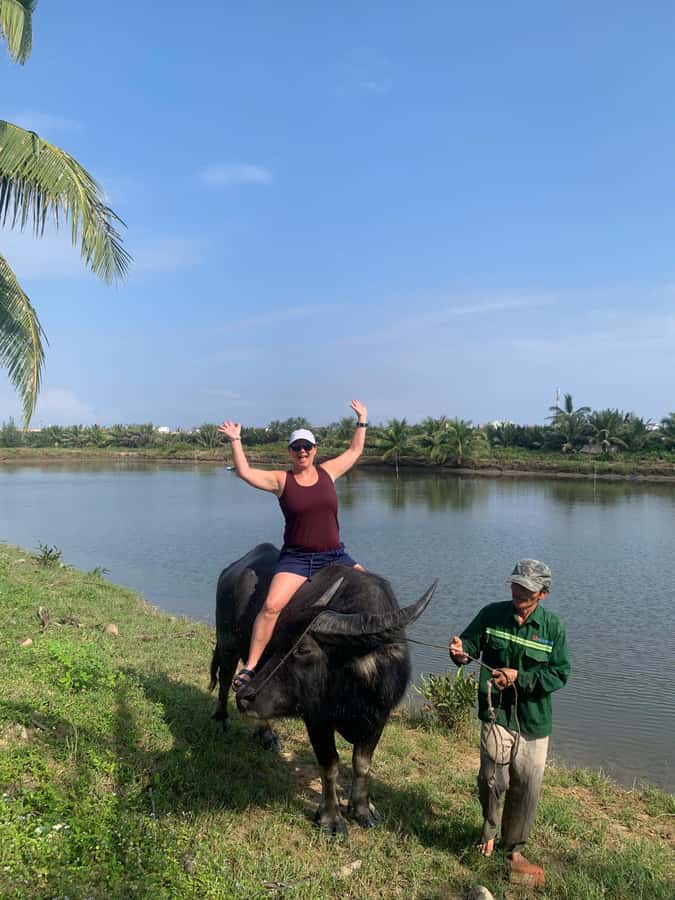 BUFFALO RIDING -BASKET BOAT & BIKE TOUR-HOI AN - Meeting the buffalo in a working farm setting